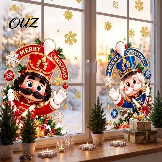 Holiday Gift Shop Decor 2Pcs Christmas Nutcracker Window Clings, Cartoon Soldier & Snowflake Static Glass Stickers, Retro Style Decals Reusable