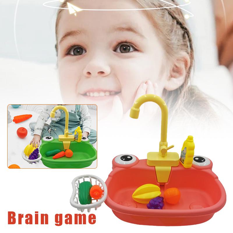 Children Simulation Kitchen Toy Cartoon Electric Water Outlet Sink Dishwasher Pretend Play Interactive Toy Washing Basin