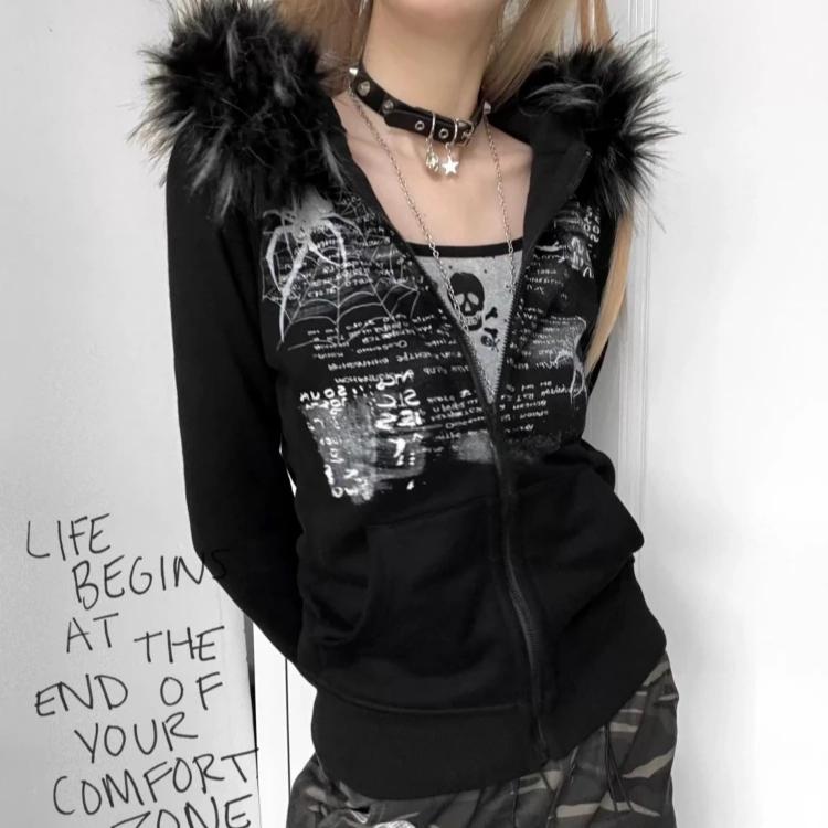 Худи в стиле гранж пэчворк из меха Y2k Женская уличная одежда Винтажная толстовка с капюшоном с готическим принтом Харадзюку Эстетичная приталенная куртка