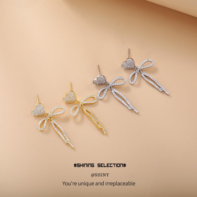 Shining Pearl Heart Bow Earrings: Women’s Korean Style with High-End Elegance and Personality