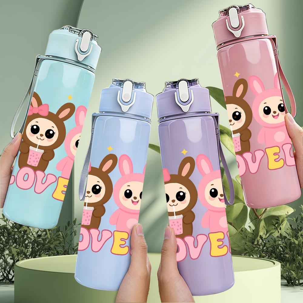 1PC Bunny Lovely Letter 750ml Color Plastic Sports Water Bottle Leakproof Flip Straw Lid Suitable for Sports Office Home Use
