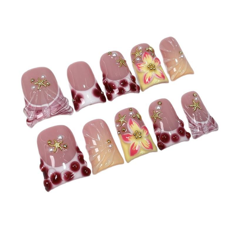 Sweet Ocean Style Press-On Nails With 3D Star Floral Design Nude Pink French Tip Short Length Reusable Artificial Nail Tips