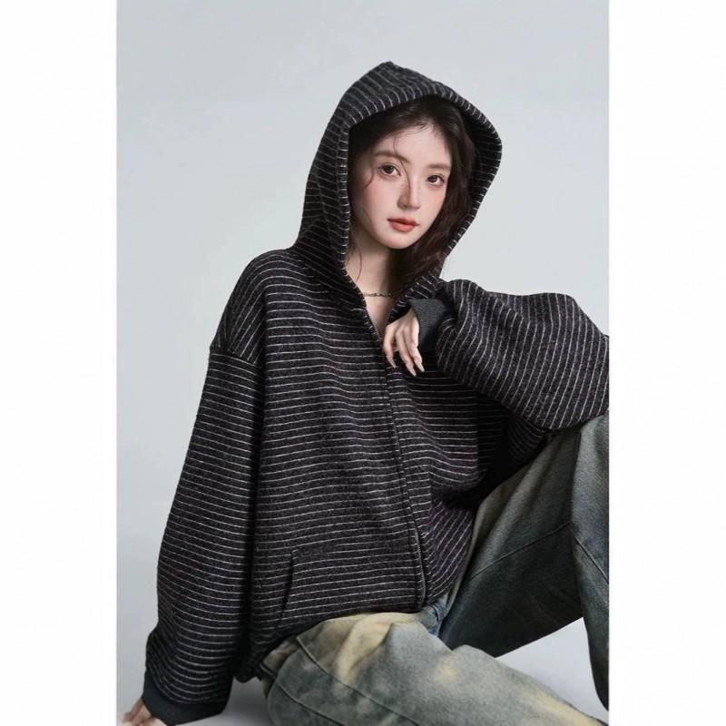 Womens Striped Fleece Hooded Zip Sweatshirt Coat Loose Lazy Style Fall Winter