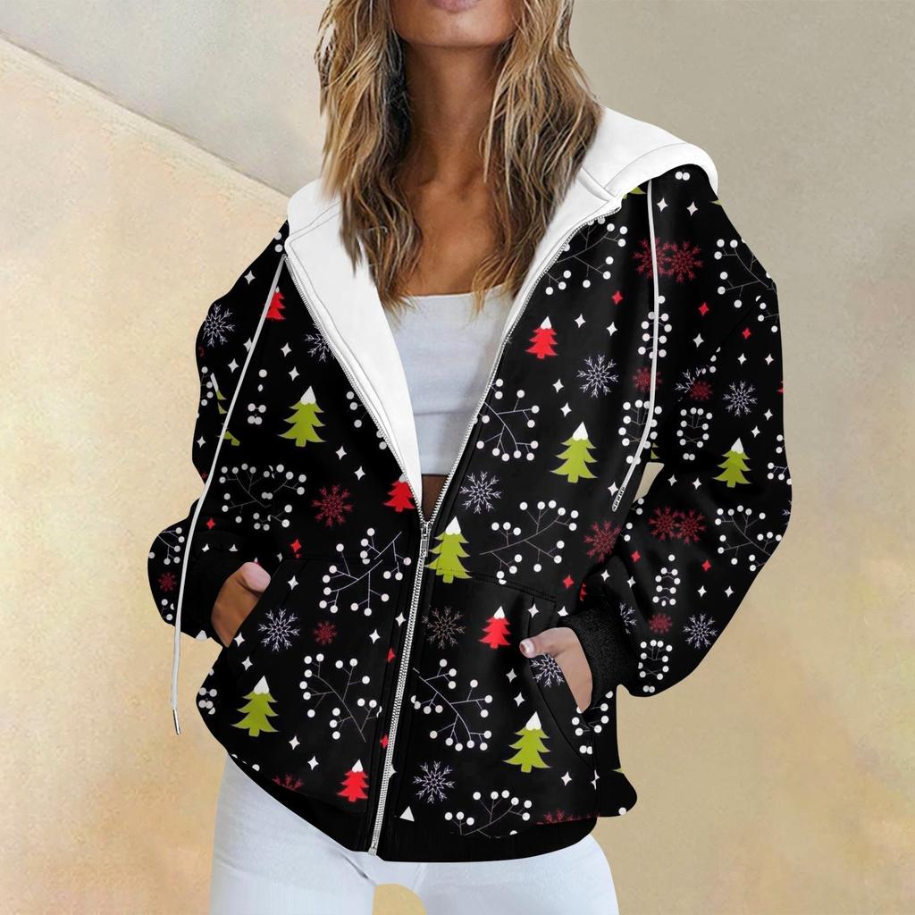 Женская модная повседневная толстовка с рождественским принтом и длинными рукавами, карманная куртка, пальто с капюшоном на молнии