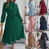 Autumn and Winter Elegant Stand-up Collar Long-sleeved Waist Pleated Long Skirt, Fashionable Temperament Small Dress Ladies Dress
