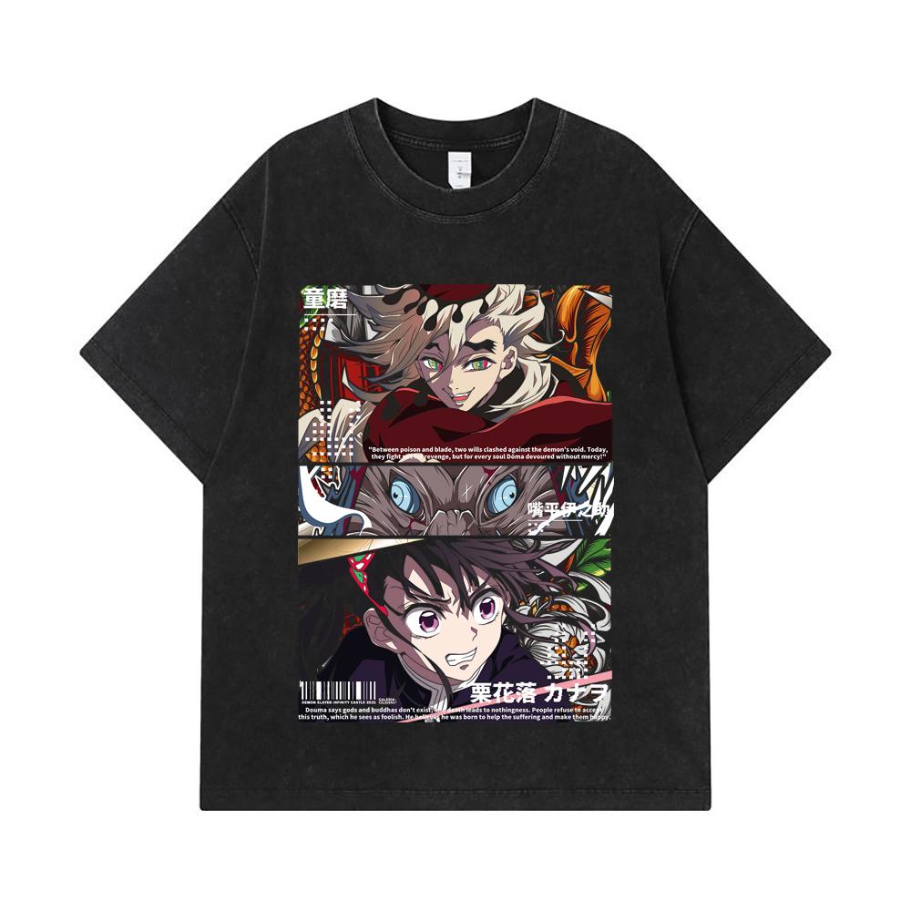 275 GSM Washed T-shirts 100% Cotton Demon Slayer V30 Kanao x Doma Black Print Unisex Heavy Cotton T Shirt