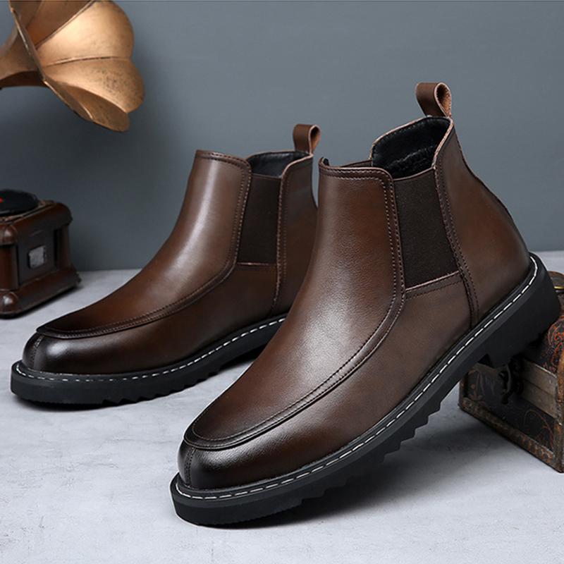 2024 зимняя обувь мужские ботинки челси из натуральной кожи модные брендовые мужские ботильоны теплые плюшевые плоские нескользящие черные D229