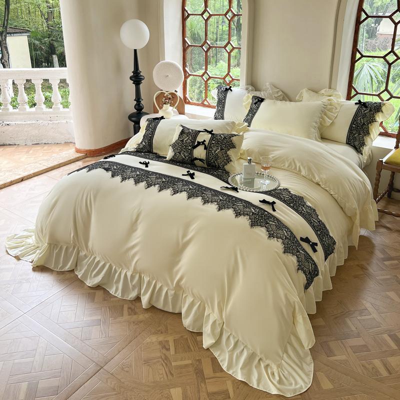 Vintage French Black Lace Ruffles Bedding Set Solid Color Duvet Cover Set Flat/Fitted Bed Sheet Pillowcases With Pillowcases