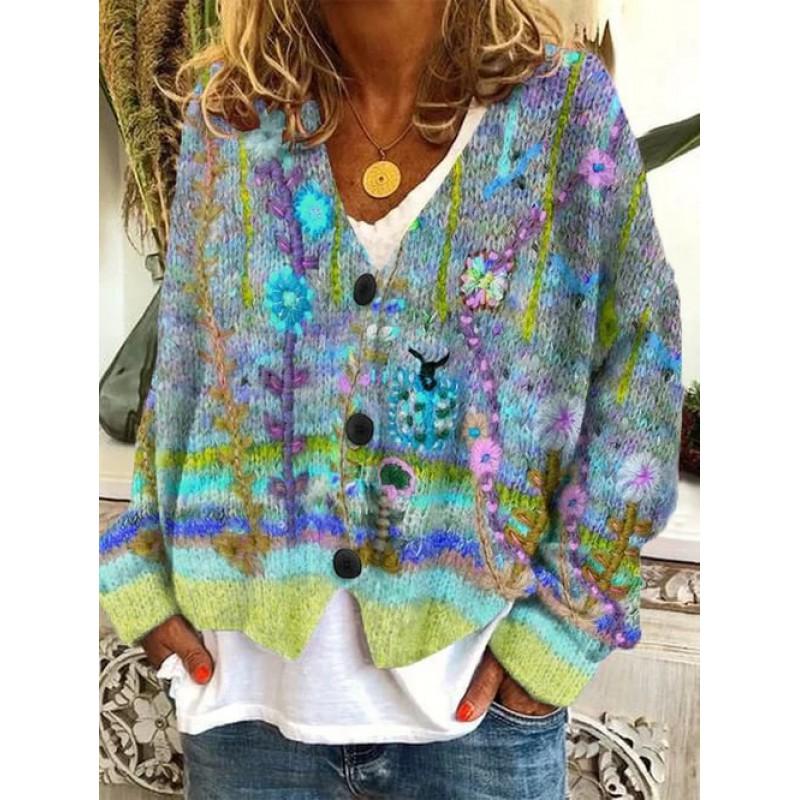 Womens Christmas Print V-Neck Open Front Cropped Long Sleeve Knit Sweater Loose Fit Casual Style