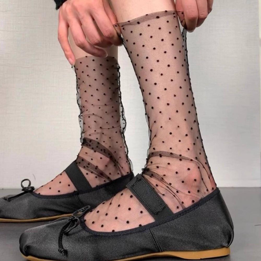 JK Mid Tube Socks Transparent Stacked Stockings Versatile Polka Dot Mesh Socks Student