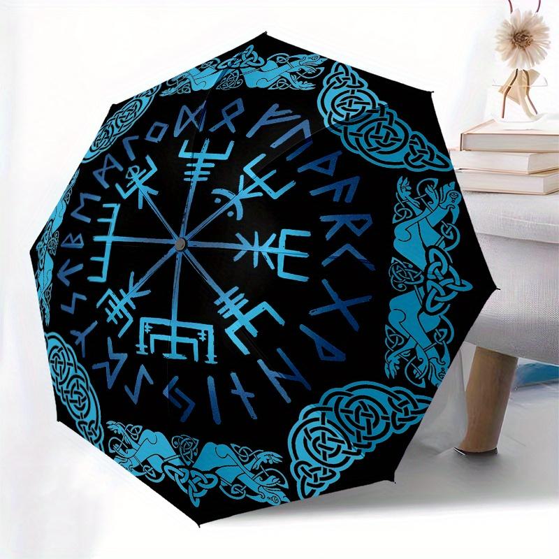 Viking Vegvisir Compass Norse Runes Umbrella - 3-Fold Compact Automatic Open/Close, 8-Rib Windproof Design with Blue Viking Ru