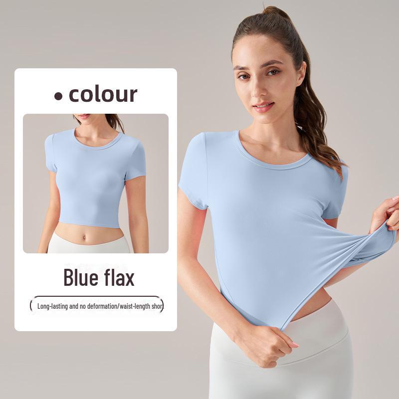 Женские летние топы для йоги из лайкры с круглым вырезом и коротким рукавом — высокая эластичность, удобная посадка для фитнеса и спорта.