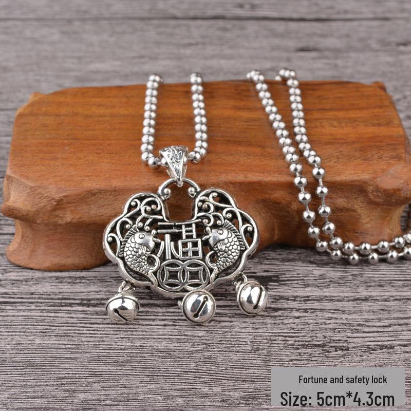 Retro Silver Peace Lock Pendant Necklace - Four-sided Wealth Women's Long Sweater Chain In National Style