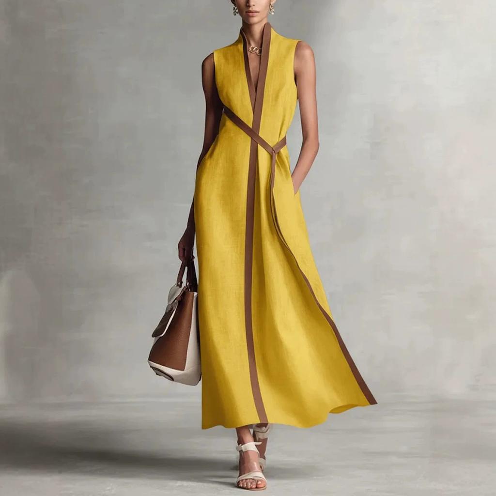 Women's clothing contrasting color sleeveless V-neck cotton and linen temperament elegant dress women