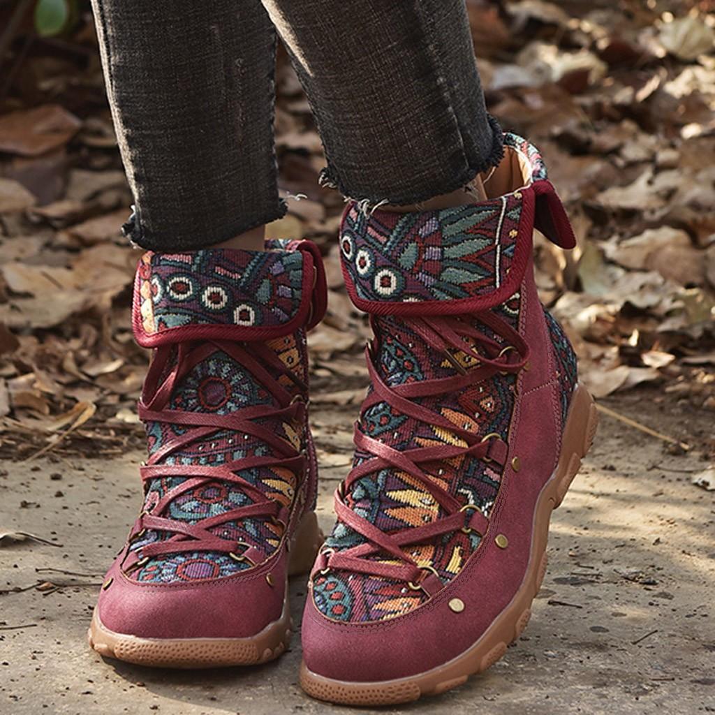 Retro Style Women Embroidery Flat Zipper Keep Warm Short Boot Round Toe Shoes