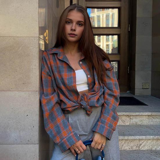 Женская осенняя рубашка с лацканами, однобортная рубашка с длинным рукавом, топы, клетчатый принт, свободная рубашка с накладным карманом, уличная одежда