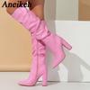 Winter Patent Leather Women Long Knee-High Boots Fashion Nightclub Pointed Toe Zip Booties Square High Heels Ladies Shoe