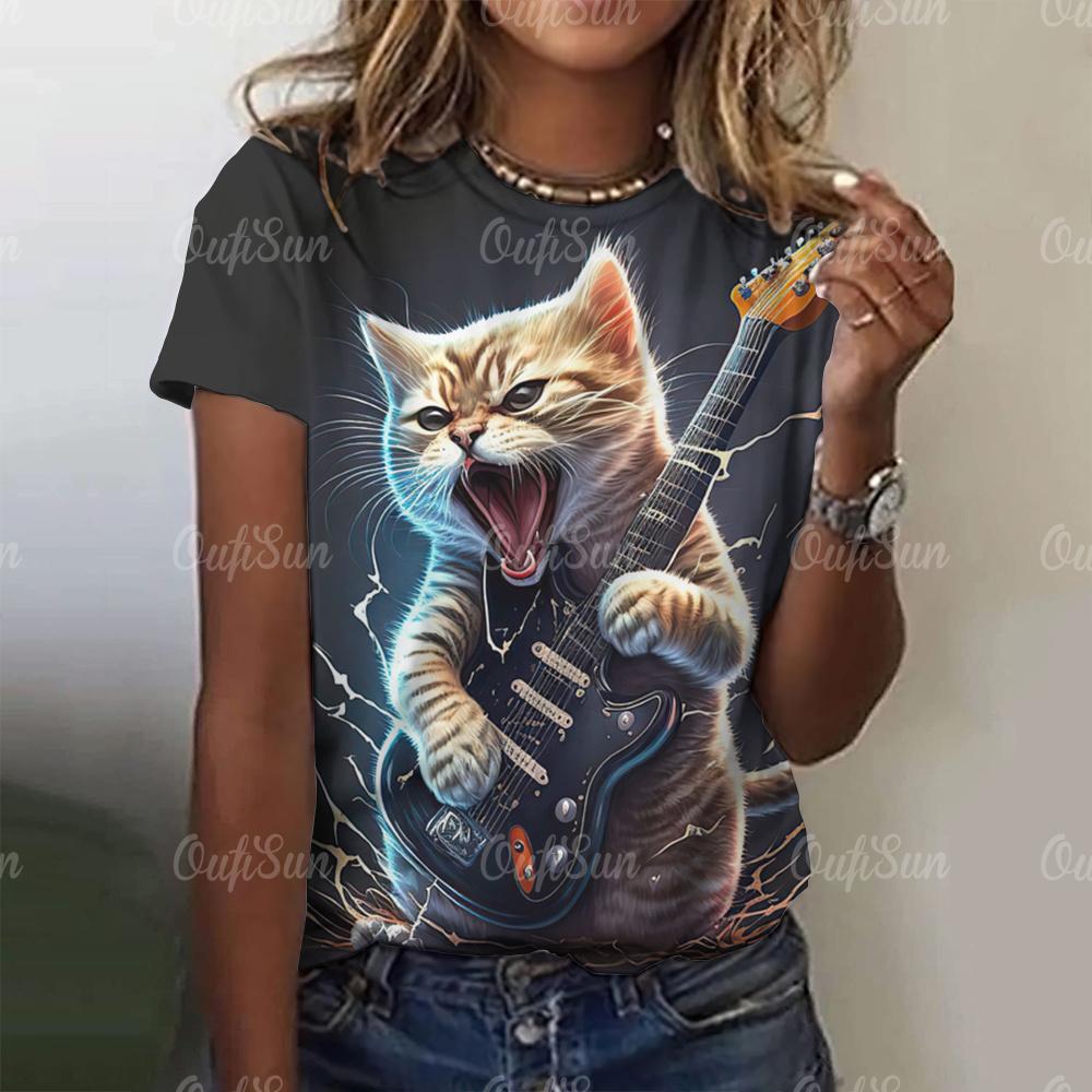 Summer Women's T-Shirt Rock Cat Printed Short Sleeve Female T-Shirt Hip Hop Fashion Couple Loose Street Style Y2k Tops Clothing