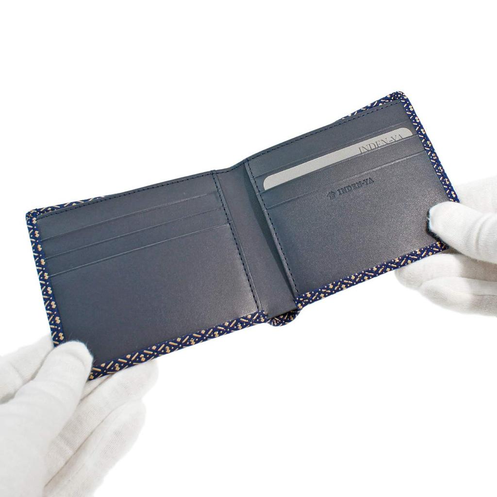 Inden Bill Compartment No Coin Navy Blue X White Gourd Pattern [Indenya] Bi-fold Wallet, I, Purse, Deerskin, Lacquer, 2005-14-007