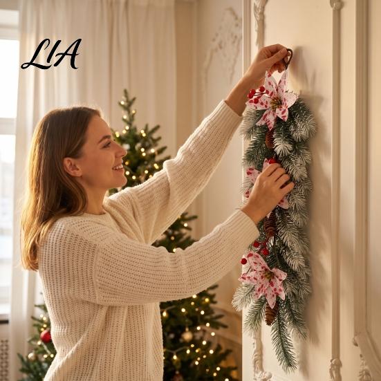 Winter Seasonal Wall Hanging European Christmas Vine, Artificial Door Wreath Garland Evergreen Porch Railing Decoration with Plastic Decor,