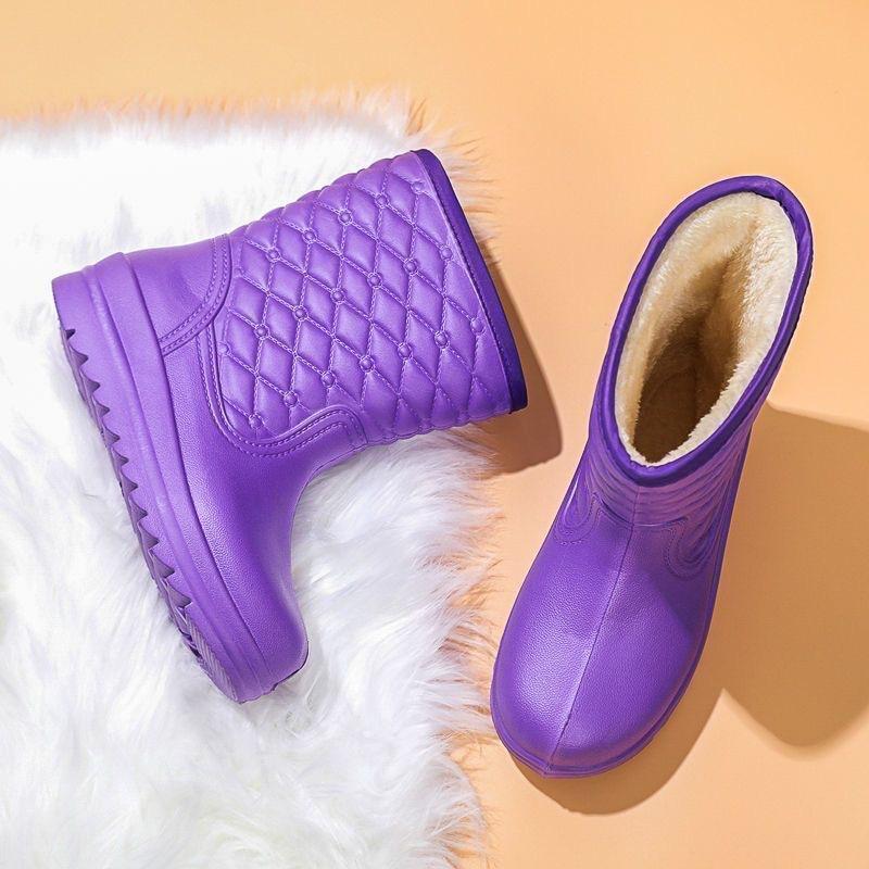Waterproof Fleece Snow Boots Women's Mid-calf Water Boots Warm Water Boots Women's Rubber Shoes Kitchen Cotton