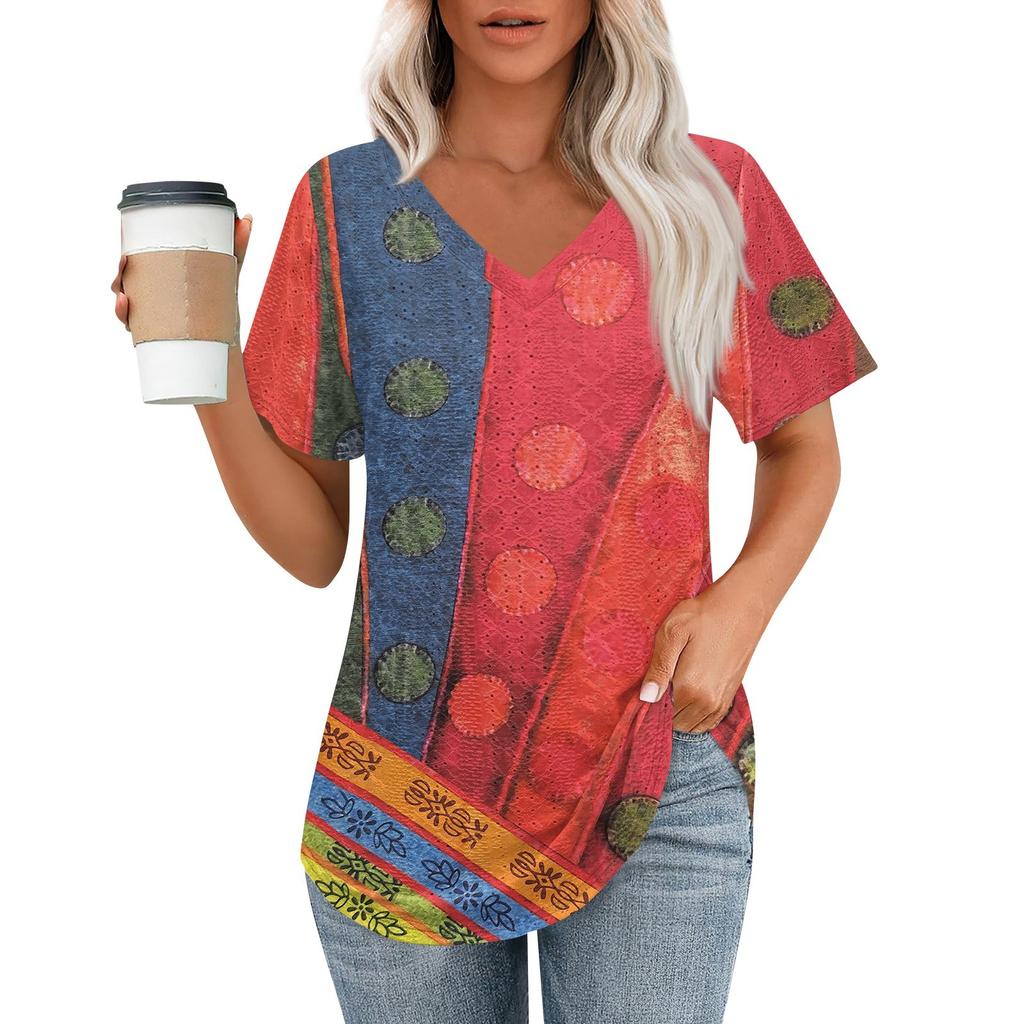 Womens T Shirts V Neck Short Sleeve Casual Tops Loose Fit Basic Tees With Curved Hem