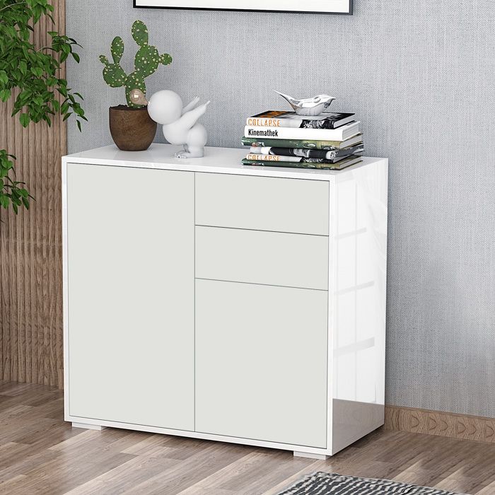 Buffet de rangement - HOMCOM - meuble commode armoire 2 tiroirs 2 placards étagères réglables - bois - 79x36x74cm - blanc
