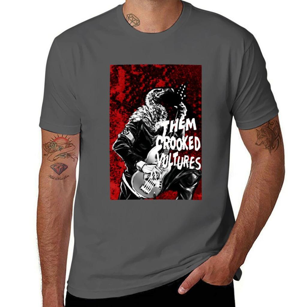 Them Crooked Vulture Playing On The Guitar Red Background Tshirt Casual Streetwear Short Sleeve Tee