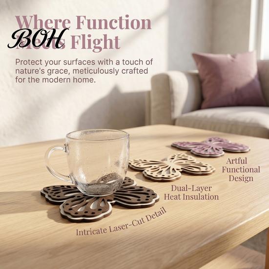 Durable Coasters for Tea Room Turtle/Butterfly Wooden Coffee Mugs And Cups, Heat Resistant Decorative Carved Wood Pads Table Mats, Insulation Pad Home
