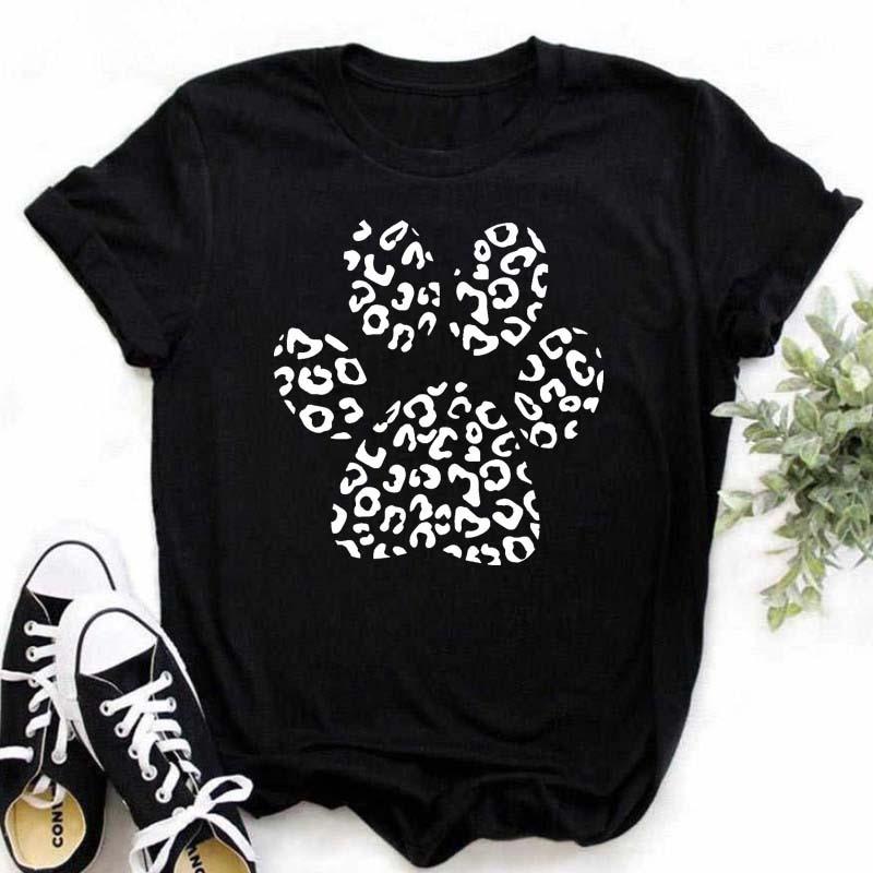 Womens Black Dog Claw Printed Tshirt Leopard Love Printed Christmas Reindeer Design Short Sleeve Casual Holiday Tshirt