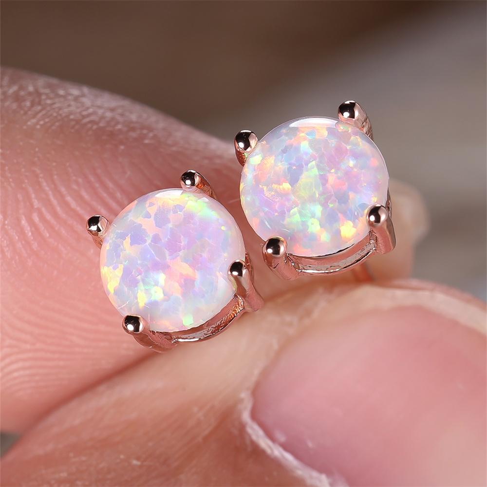 Pink White Blue Green Opal 6MM Round Stone Stud Earrings For Women Rose Gold Color Wedding Jewelry Minimalist Engagement Gifts