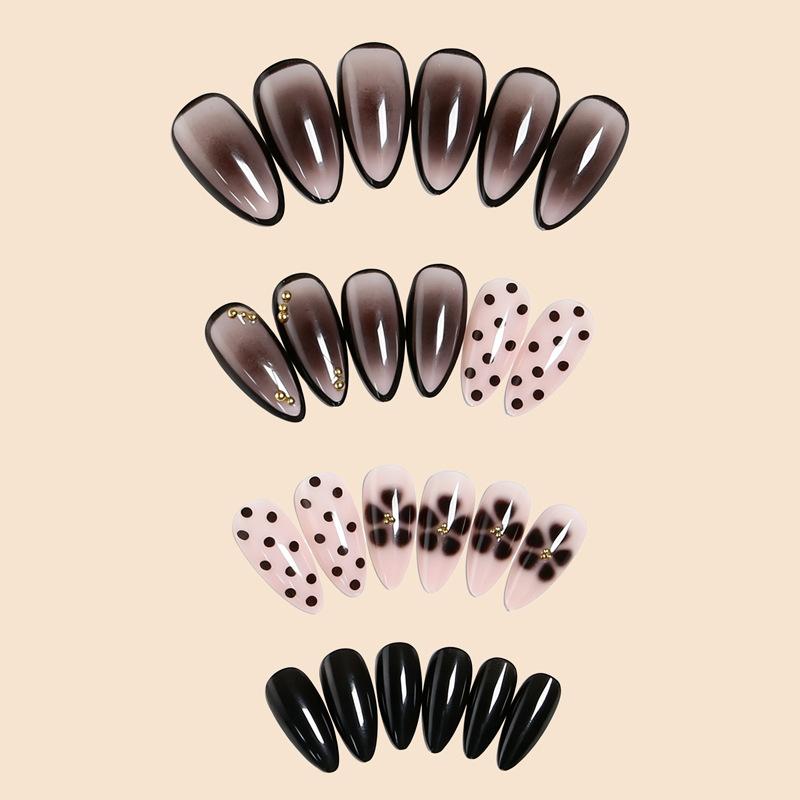 24 Pieces Of European And American Style Wearable Nails, Nude Black Polka Dots, Almond Manicure, Smudged Sweet And Cool Finished Fake Nails