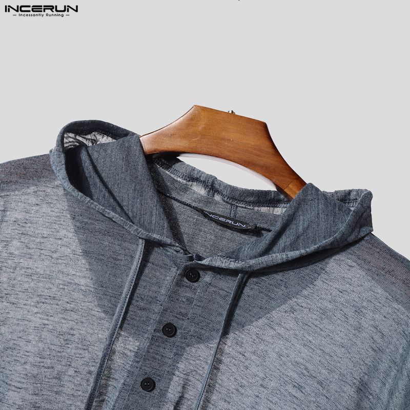 INCERUN Мужские прозрачные топы и футболки оверсайз с длинным рукавом, свободного кроя, с капюшоном на шнурке