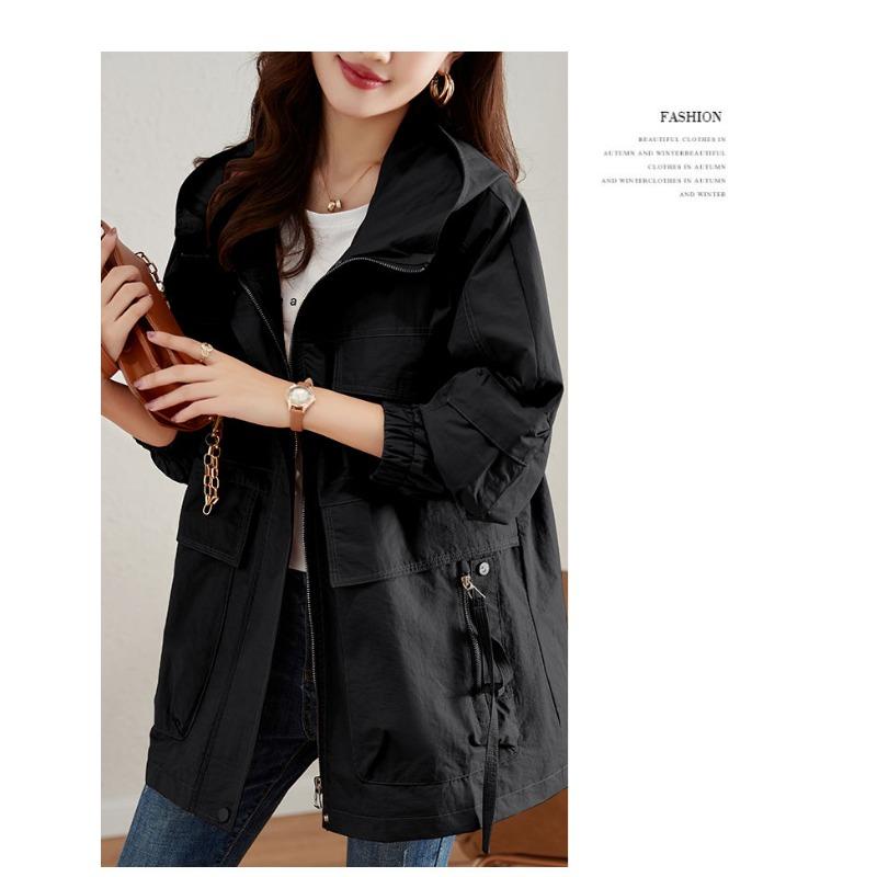 Fashionable Plus Size Women Mid-length Windbreaker Coat with Hooded for Spring and Autumn