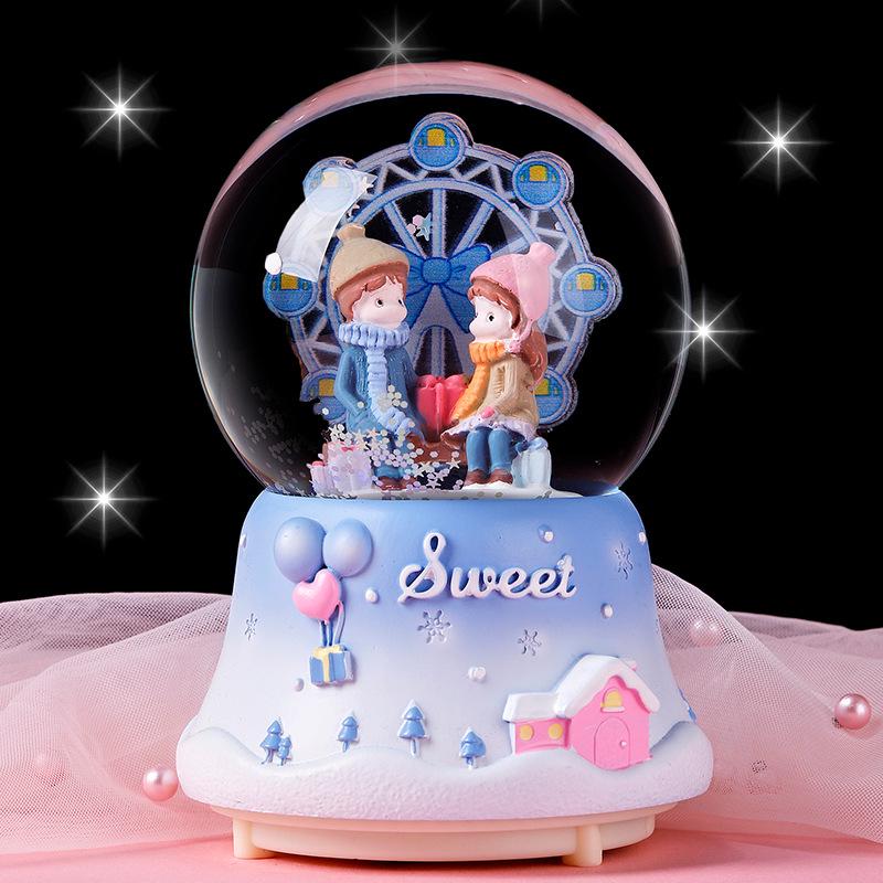 Cartoon Couple Crystal Ball Resin Snow Globe Music Box Toy