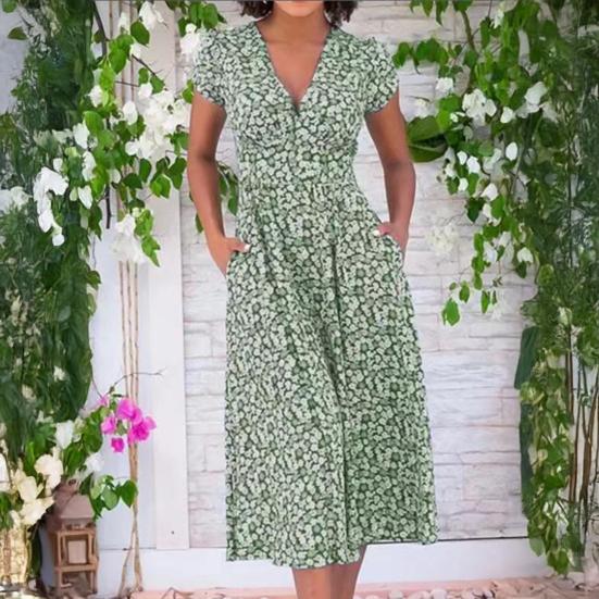 Платье миди в стиле бохо с V-образным вырезом, короткими рукавами, высокой талией, женским платьем с карманами, струящимся подолом, платье А-силуэта