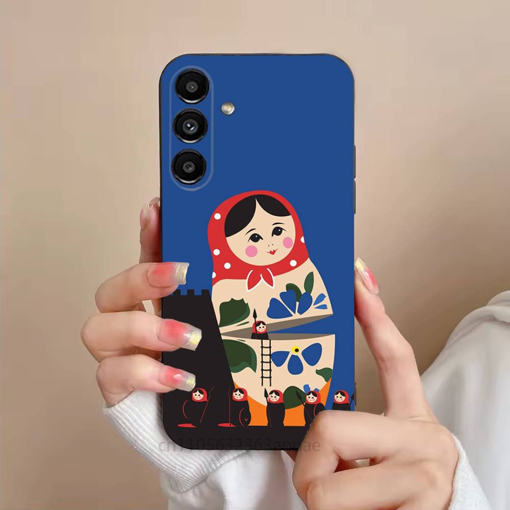 Cute Cool Russian Art Matryoshka Phone Case For Samsung S25,24,21,22,23,S30,Ultra,S20,Plus,Fe,Lite,Note,S10,S9,Black Soft Shell
