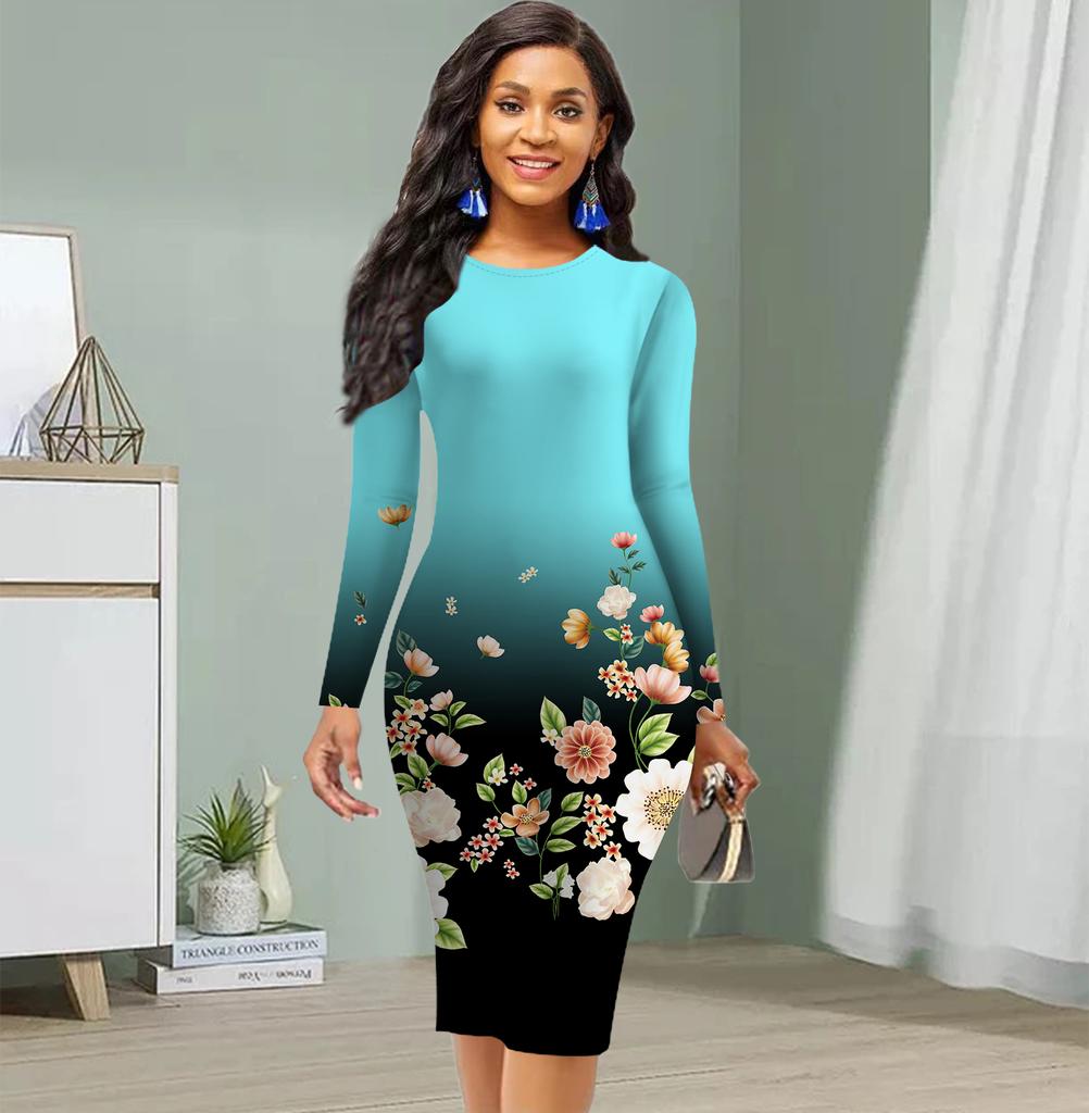 Длинный рукав, талия, облегающее офисное платье с градиентным принтом роз, элегантное облегающее платье