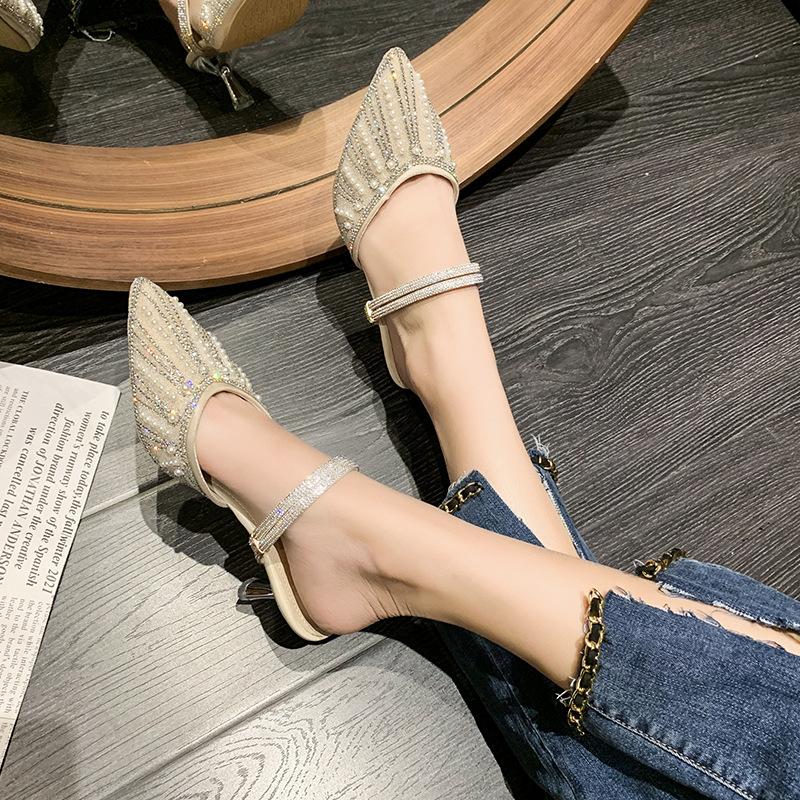 Баотоу крутые тапочки женские тапочки со стразами и жемчугом лето новые два способа ношения модные универсальные высокие каблуки шпильки женские