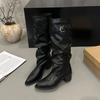 French pointed pleated stacking boots autumn and winter new long boots thick heel high boots thin versatile knight boots