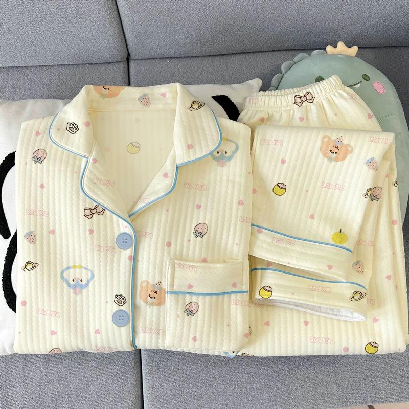 Air cotton pajamas women's autumn and winter interlayer warm long-sleeved suit cartoon embroidered loungewear real shot