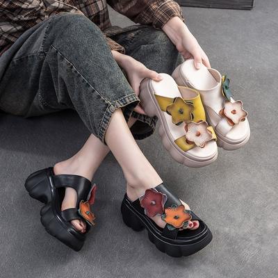 Модные шлепанцы из натуральной кожи с цветочным принтом на толстой подошве и открытым носком, уличные шлепанцы, женская обувь на платформе