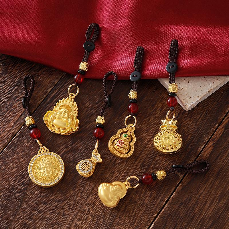 Vintage Gold Plated Brass Car Keychain Hollow Gourd Keychain Bag Charm Lucky Key Ring Jewelry