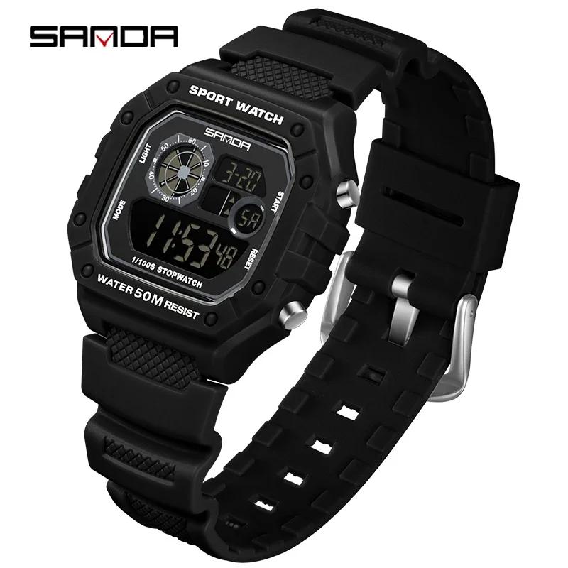 SANDA New Men Watch Model 2202 Electronic Digital Movement Rectangle Display Dial Outdoor Sports Watertight Male Wrist Watch