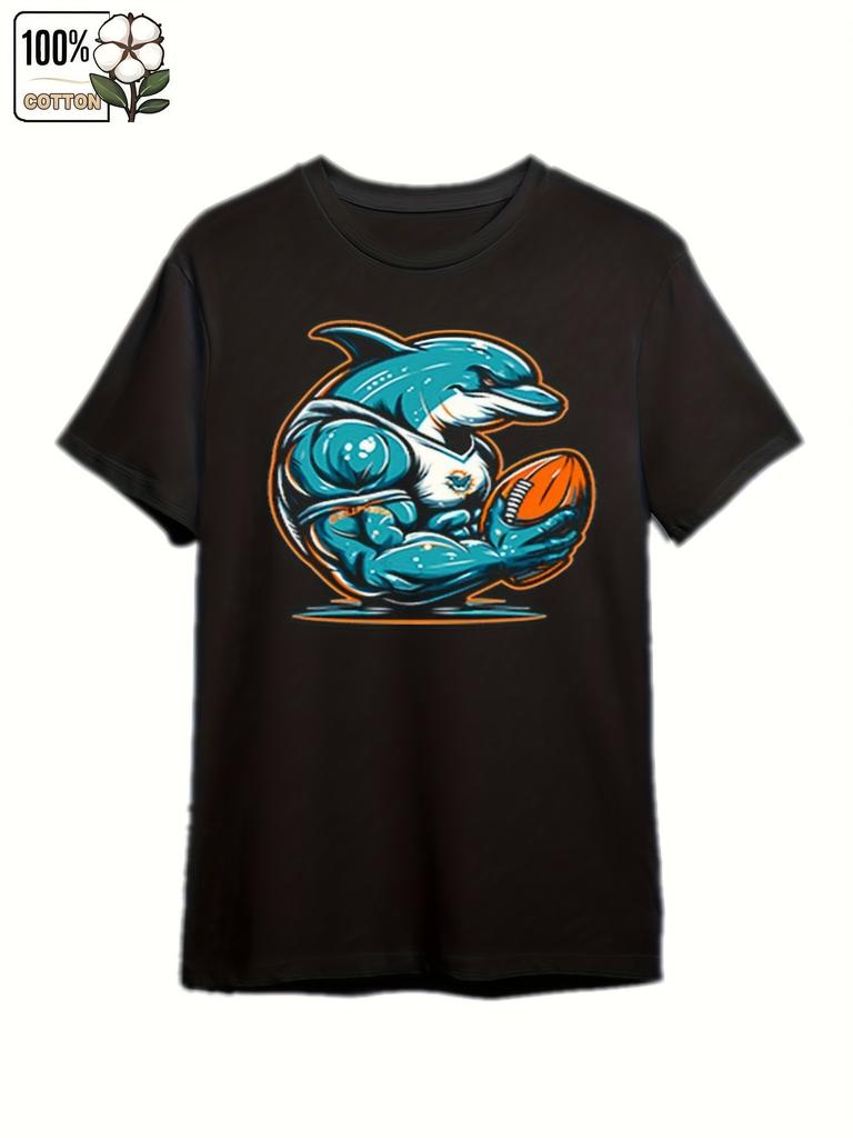 Black Short Sleeve T-shirt with Playful Dolphin #1 T Graphic - Navy Blue & Orange Sports Design