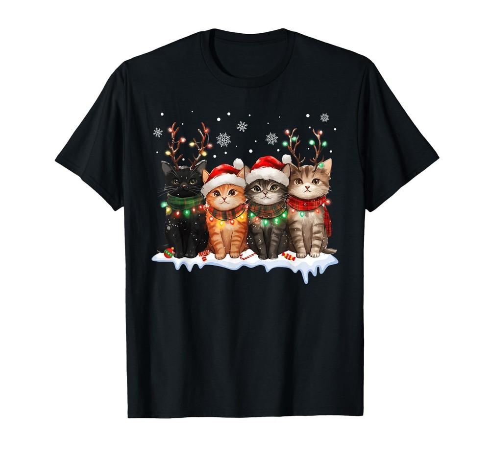 Cat Christmas Light Reindeer Santa Christmas Cat Lover T-Shirt Q4541