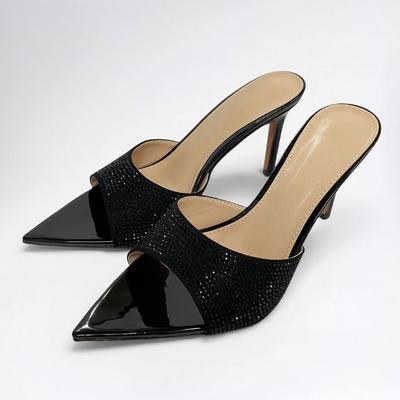 Мода Мода Блестящие Черные Кристаллы Туфли-Шлепанцы на Высоком Каблуке Женские Элегантные Остроносые Тонкий Каблук Сандалии-Слайды Роскошный Бренд Дизайнерская Обувь