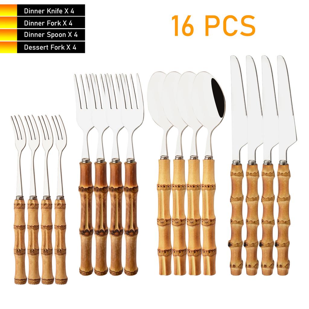 16 PCS Bamboo Handle Flatware Set, Stainless Steel Silverware Set for 4, Knives Forks Spoons and Tea Fork Set, Use For Home Kitchen Party and Travel