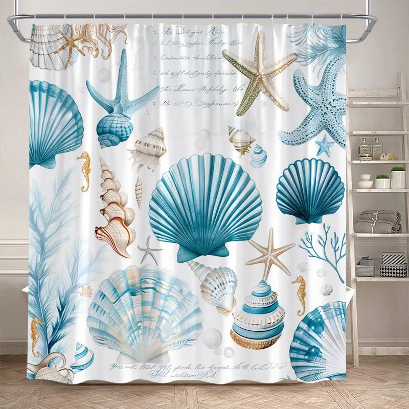 Nautical Ocean Shower Curtains Blue Shell Conch Seaweed Starfish Bath Curtain Set Polyester Fabric Bathroom Decor with Hooks