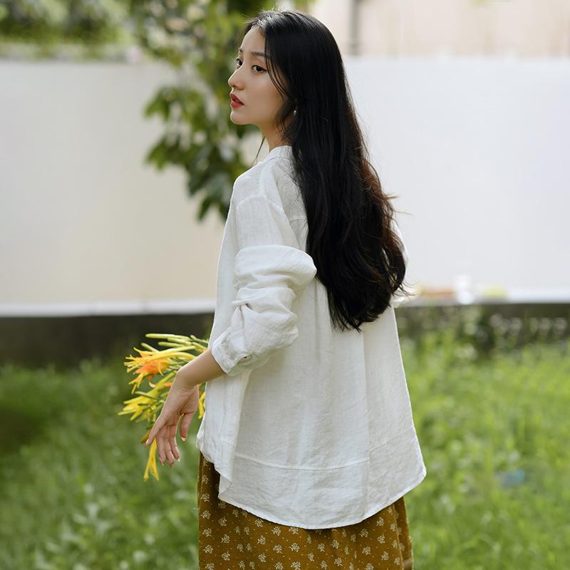 Cotton and linen women's clothing 1116 early autumn new long-sleeved linen shirt women's loose retro shirt temperament versatile top